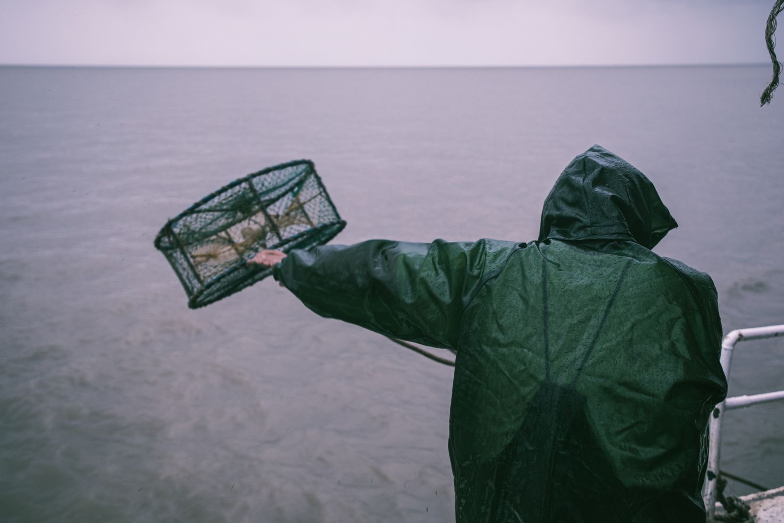 A crew member in rain gear tossing a crab trap into grey water (placeholder photo)